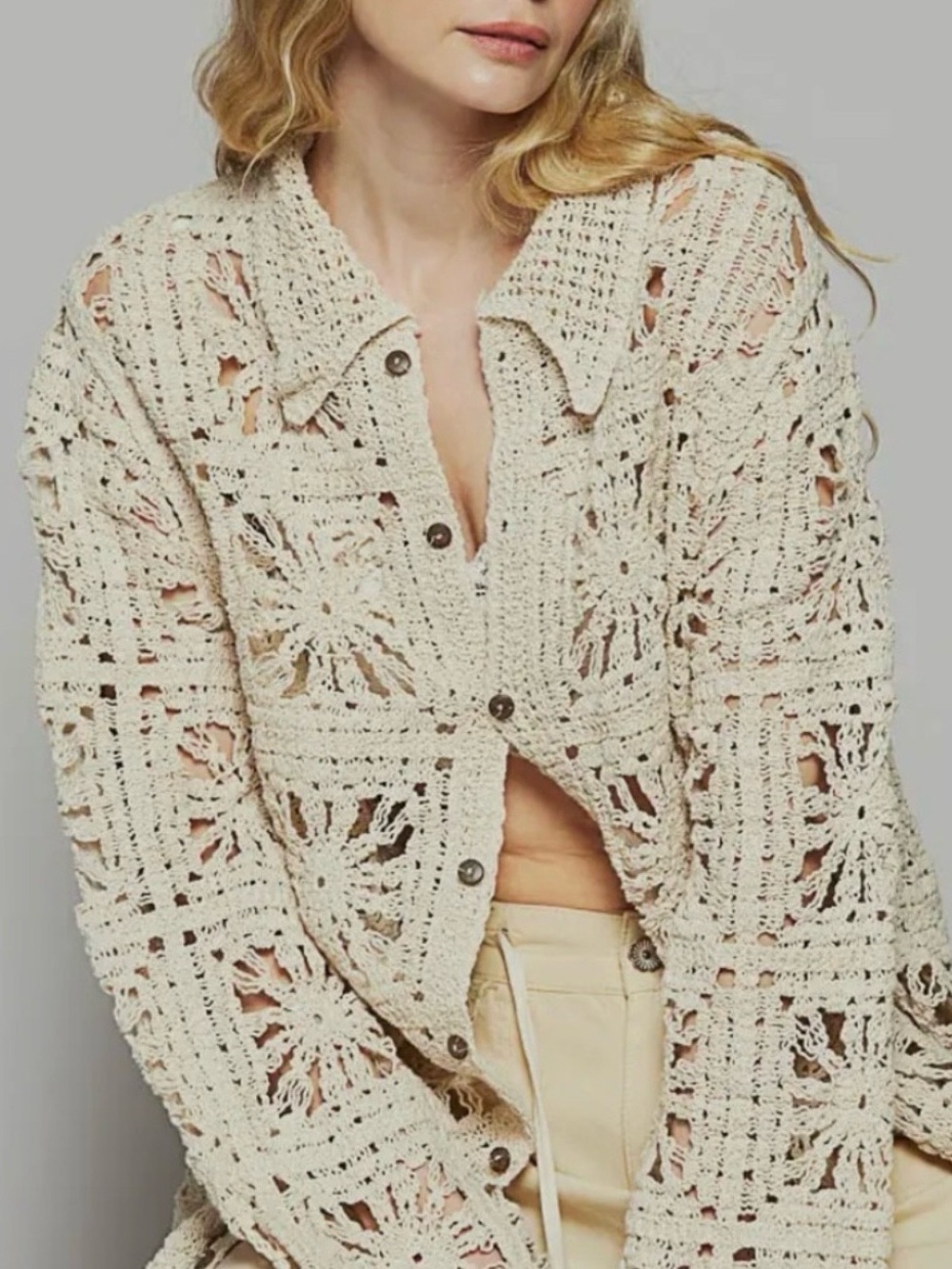 NWT POL Crochet Knit Button Front Cardigan Jacket One Size Boho Cream Open Weave